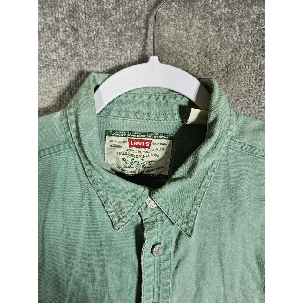 Vintage Levis Denim Button Up Shirt Mens Large Green Cotton Pockets Long Sleeve‎